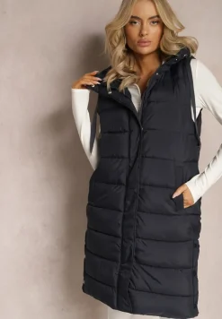 Granatowa Kamizelka o Wydłużonym Fasonie z Pikowaniem i Kieszeniami Banuni