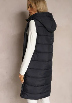 Granatowa Kamizelka o Wydłużonym Fasonie z Pikowaniem i Kieszeniami Banuni