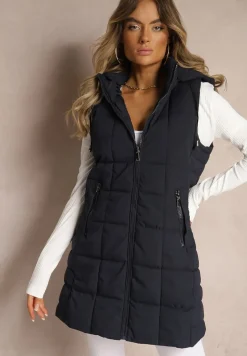 Granatowa Kamizelka Ozdobiona Pikowaniem i Odpinanym Kapturem Atoria