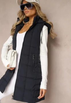 Granatowa Kamizelka Ozdobiona Pikowaniem i Odpinanym Kapturem Atoria