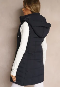 Granatowa Kamizelka Ozdobiona Pikowaniem i Odpinanym Kapturem Atoria