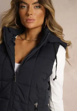 Granatowa Kamizelka Ozdobiona Pikowaniem i Odpinanym Kapturem Atoria