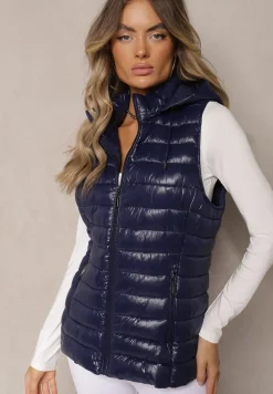 Granatowa Kamizelka Ozdobiona Pikowaniem i Kapturem Mivandra