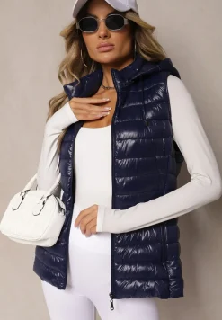 Granatowa Kamizelka Ozdobiona Pikowaniem i Kapturem Mivandra