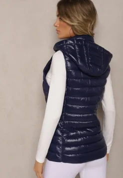 Granatowa Kamizelka Ozdobiona Pikowaniem i Kapturem Mivandra