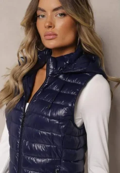 Granatowa Kamizelka Ozdobiona Pikowaniem i Kapturem Mivandra