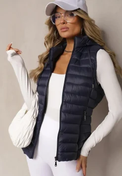 Granatowa Kamizelka Ozdobiona Pikowaniem Wykończona Kapturem i Sznurkami Xenaria