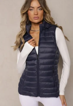 Granatowa Kamizelka Ozdobiona Pikowaniem Wykończona Kapturem i Sznurkami Xenaria