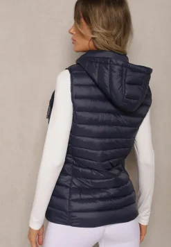 Granatowa Kamizelka Ozdobiona Pikowaniem Wykończona Kapturem i Sznurkami Xenaria