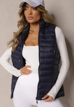 Granatowa Kamizelka Ozdobiona Pikowaniem Wykończona Kapturem i Sznurkami Xenaria