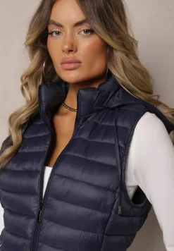 Granatowa Kamizelka Ozdobiona Pikowaniem Wykończona Kapturem i Sznurkami Xenaria