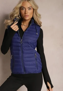 Granatowa Kamizelka Pikowana z Kapturem Cicco