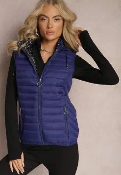 Granatowa Kamizelka Pikowana z Kapturem Cicco