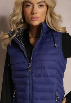 Granatowa Kamizelka Pikowana z Kapturem Cicco