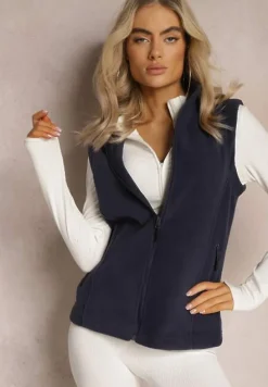 Granatowa Kamizelka Polarowa z Suwakiem i Kieszeniami Manetisa