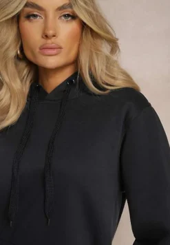 Granatowa Klasyczna Bluza z Kapturem ze Ściągaczem Mozartia