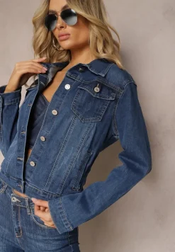 Granatowa Klasyczna Kurtka Jeansowa z Guzikami Ivonelle
