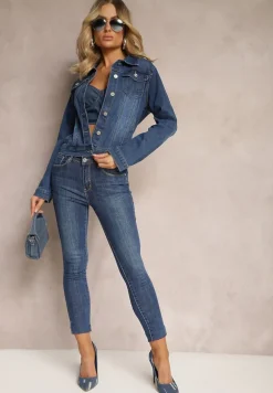 Granatowa Klasyczna Kurtka Jeansowa z Guzikami Ivonelle