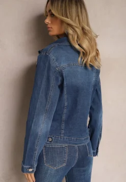 Granatowa Klasyczna Kurtka Jeansowa z Guzikami Ivonelle