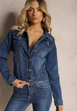 Granatowa Klasyczna Kurtka Jeansowa z Guzikami Ivonelle