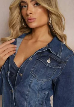 Granatowa Klasyczna Kurtka Jeansowa z Guzikami Ivonelle