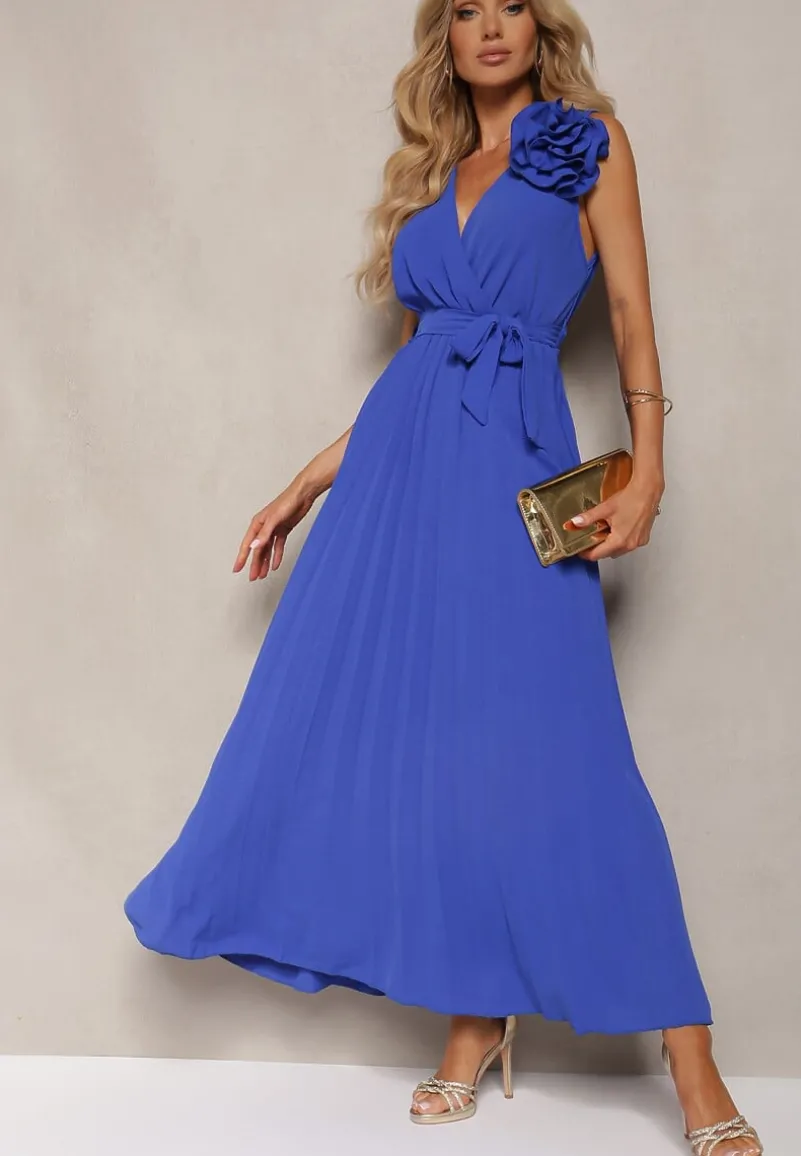 Granatowa Koktajlowa Sukienka Plisowana z Kwiatową Broszką Paskiem i Gumką w Talii Viknna