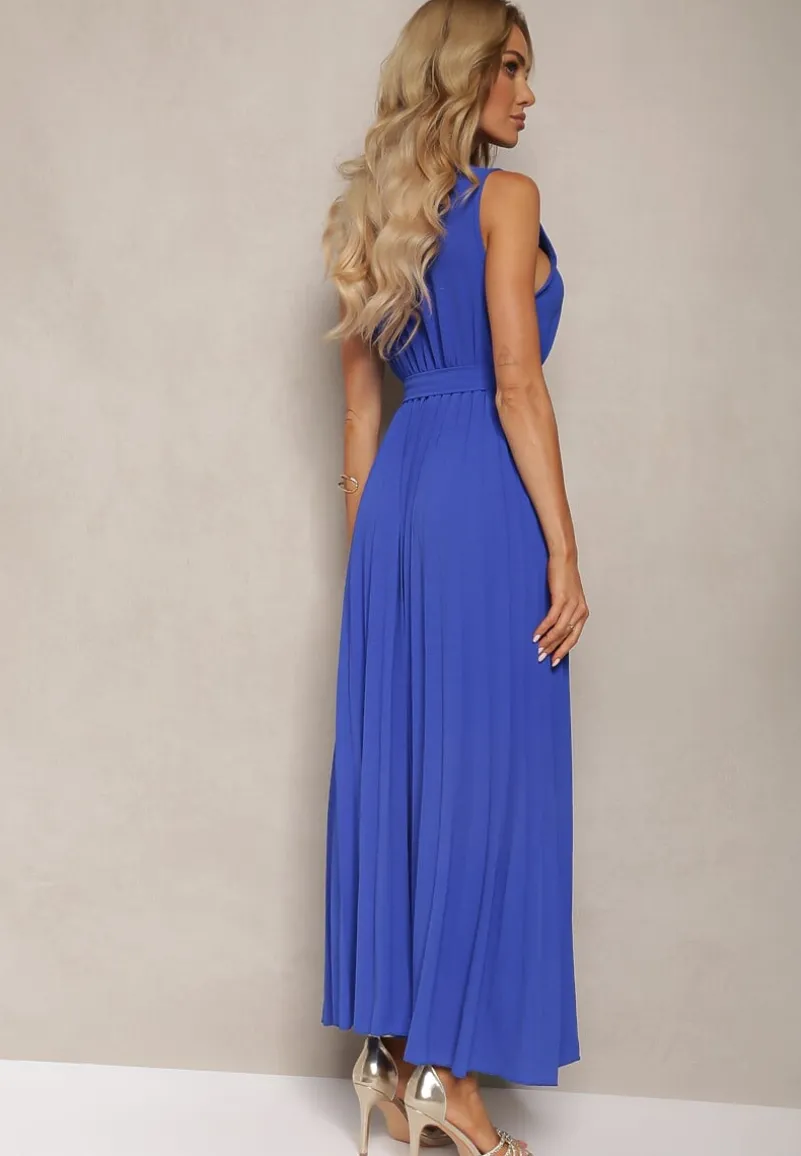 Granatowa Koktajlowa Sukienka Plisowana z Kwiatową Broszką Paskiem i Gumką w Talii Viknna