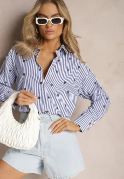 Granatowa Koszula z Bawełny w Paski z Wyhaftowanymi Serduszkami Aleriesa