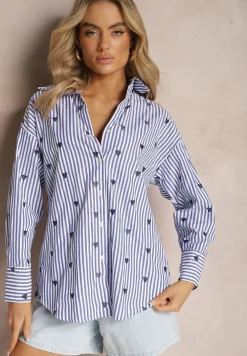 Granatowa Koszula z Bawełny w Paski z Wyhaftowanymi Serduszkami Aleriesa