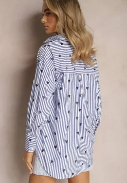 Granatowa Koszula z Bawełny w Paski z Wyhaftowanymi Serduszkami Aleriesa