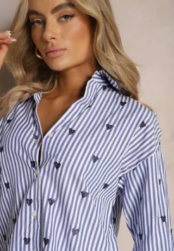 Granatowa Koszula z Bawełny w Paski z Wyhaftowanymi Serduszkami Aleriesa