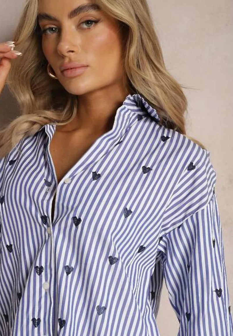 Granatowa Koszula z Bawełny w Paski z Wyhaftowanymi Serduszkami Aleriesa