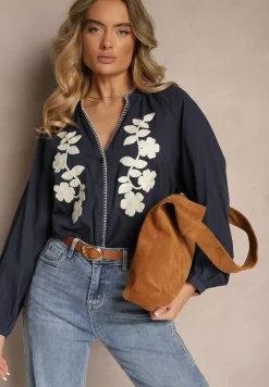 Granatowa Koszula z Bawełny o Kroju Oversize Ozdobiona Haftem w Kwiaty Felvesia