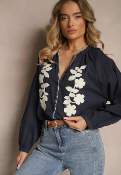 Granatowa Koszula z Bawełny o Kroju Oversize Ozdobiona Haftem w Kwiaty Felvesia