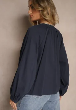 Granatowa Koszula z Bawełny o Kroju Oversize Ozdobiona Haftem w Kwiaty Felvesia