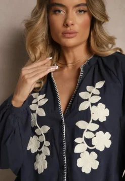 Granatowa Koszula z Bawełny o Kroju Oversize Ozdobiona Haftem w Kwiaty Felvesia