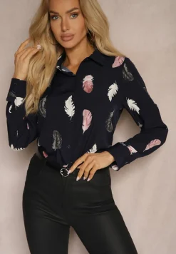 Granatowa Koszula z Bawełną Ozdobiona Rękawami z Regulacją w Piórka Meriande