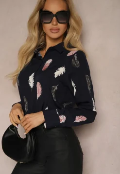 Granatowa Koszula z Bawełną Ozdobiona Rękawami z Regulacją w Piórka Meriande