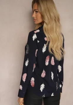 Granatowa Koszula z Bawełną Ozdobiona Rękawami z Regulacją w Piórka Meriande