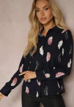 Granatowa Koszula z Bawełną Ozdobiona Rękawami z Regulacją w Piórka Meriande