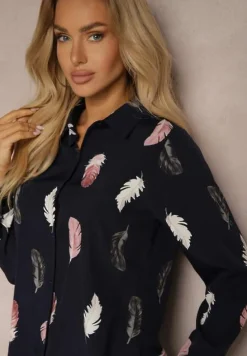 Granatowa Koszula z Bawełną Ozdobiona Rękawami z Regulacją w Piórka Meriande