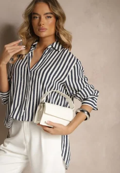 Granatowa Koszula z Bawełny w Pionowe Prążki z Cyrkoniami Jarilea