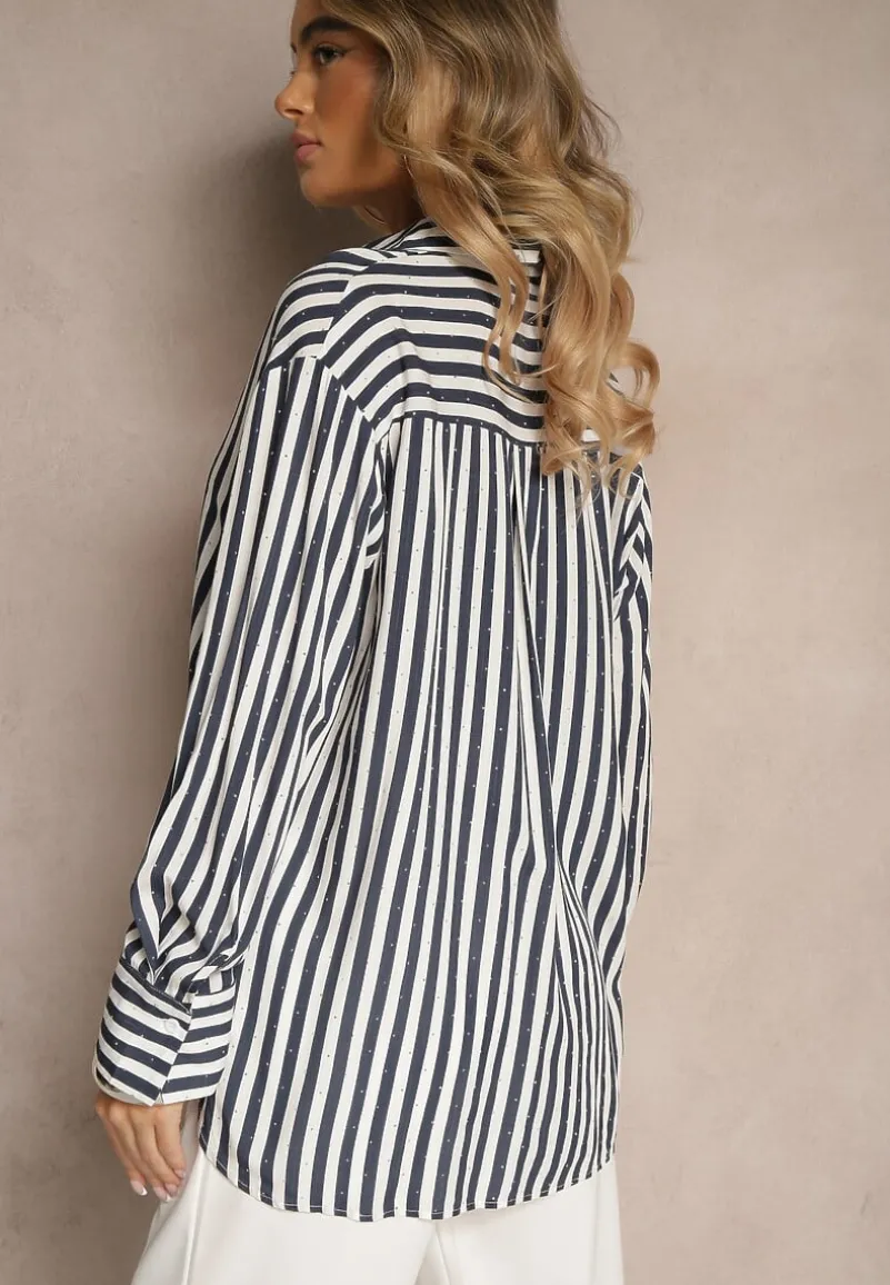 Granatowa Koszula z Bawełny w Pionowe Prążki z Cyrkoniami Jarilea