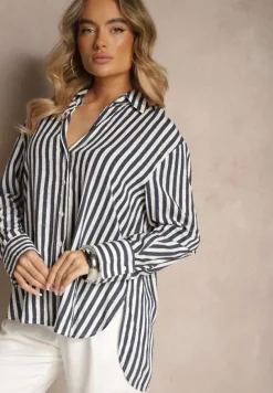 Granatowa Koszula z Bawełny w Pionowe Prążki z Cyrkoniami Jarilea