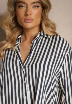 Granatowa Koszula z Bawełny w Pionowe Prążki z Cyrkoniami Jarilea