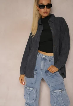 Granatowa Koszula ze Sztruksu z Dodatkiem Bawełny Zapinana na Guziki Tarinia