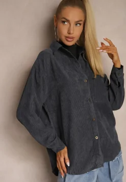 Granatowa Koszula ze Sztruksu z Dodatkiem Bawełny Zapinana na Guziki Tarinia