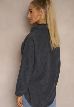 Granatowa Koszula ze Sztruksu z Dodatkiem Bawełny Zapinana na Guziki Tarinia