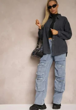 Granatowa Koszula ze Sztruksu z Dodatkiem Bawełny Zapinana na Guziki Tarinia