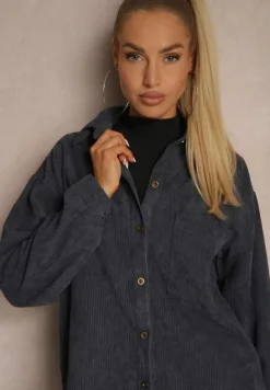 Granatowa Koszula ze Sztruksu z Dodatkiem Bawełny Zapinana na Guziki Tarinia